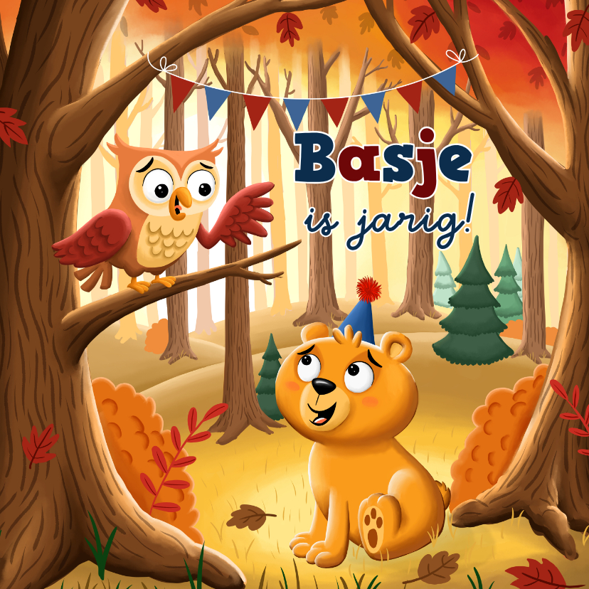 Verjaardagskaarten - Verjaardagkaart uil en lief beertje in een bos