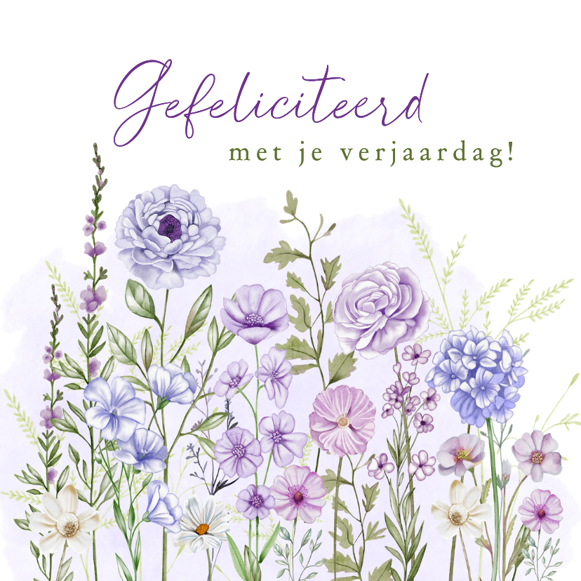 Verjaardagkaart veldbloemen in paarse kleuren - Verjaardagskaarten Verjaardagskaarten - Verjaardagkaart veldbloemen in paarse kleuren
