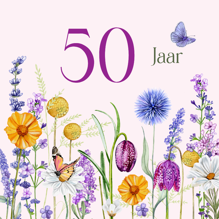 Verjaardagskaarten - Verjaardagkaart veldbloemen met vlinders