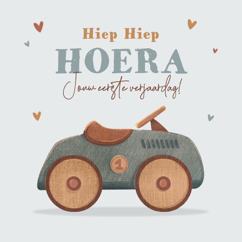 Verjaardagskaarten - Verjaardagskaart 1 jaar loopauto auto vintage speelgoed