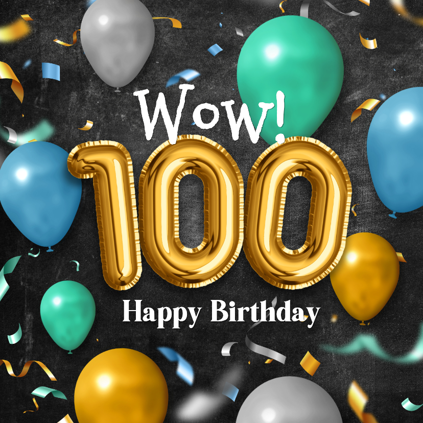 Verjaardagskaarten - Verjaardagskaart 100 ballonnen confetti goud folieballonnen