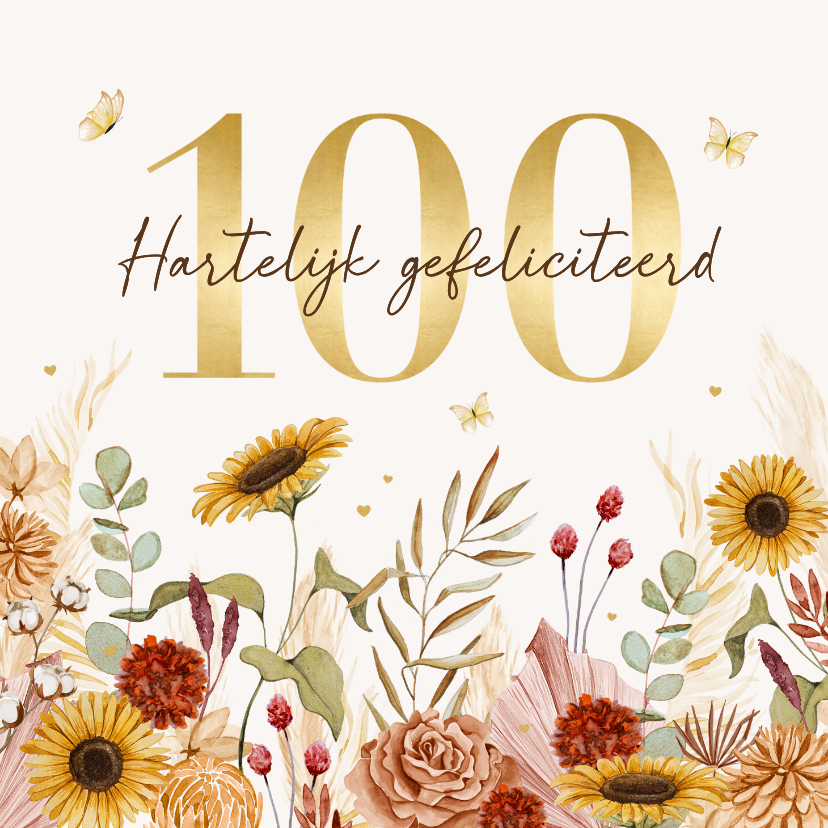 Verjaardagskaarten - Verjaardagskaart 100 jaar vlinders bloemen stijlvol