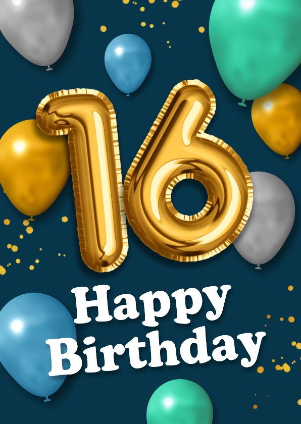 Verjaardagskaarten - Verjaardagskaart 16 jaar ballonnen hip Happy Birthday