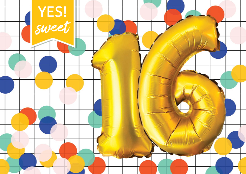 Verjaardagskaarten - Verjaardagskaart 16 jaar confetti ballonnen