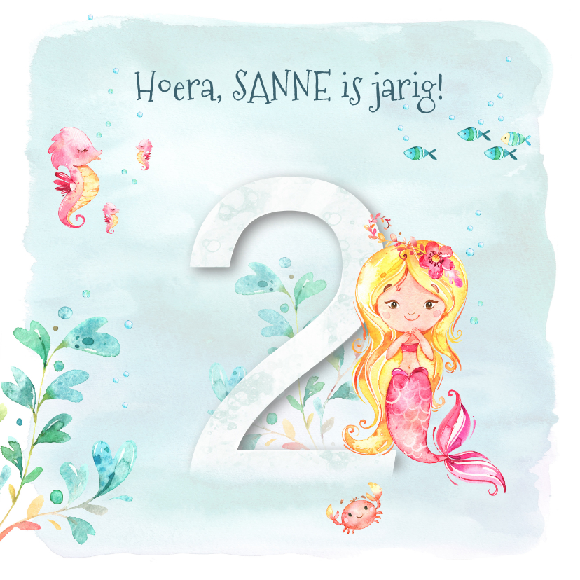 Verjaardagskaart 2 jaar met zeemeermin, zeepaardje en krab - Verjaardagskaarten Verjaardagskaarten - Verjaardagskaart 2 jaar met zeemeermin, zeepaardje en krab