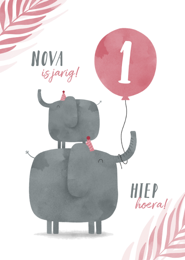 Verjaardagskaarten - Verjaardagskaart 2 olifantjes met ballon en leeftijd jungle