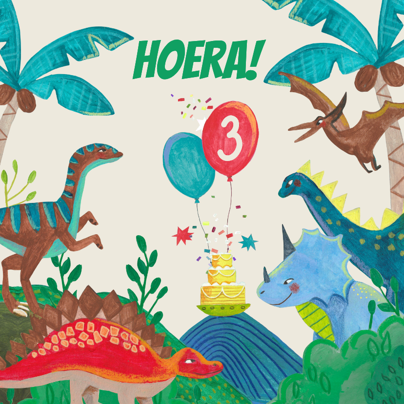 Verjaardagskaarten - Verjaardagskaart 3 jaar dinosaurus en taart en ballonnen