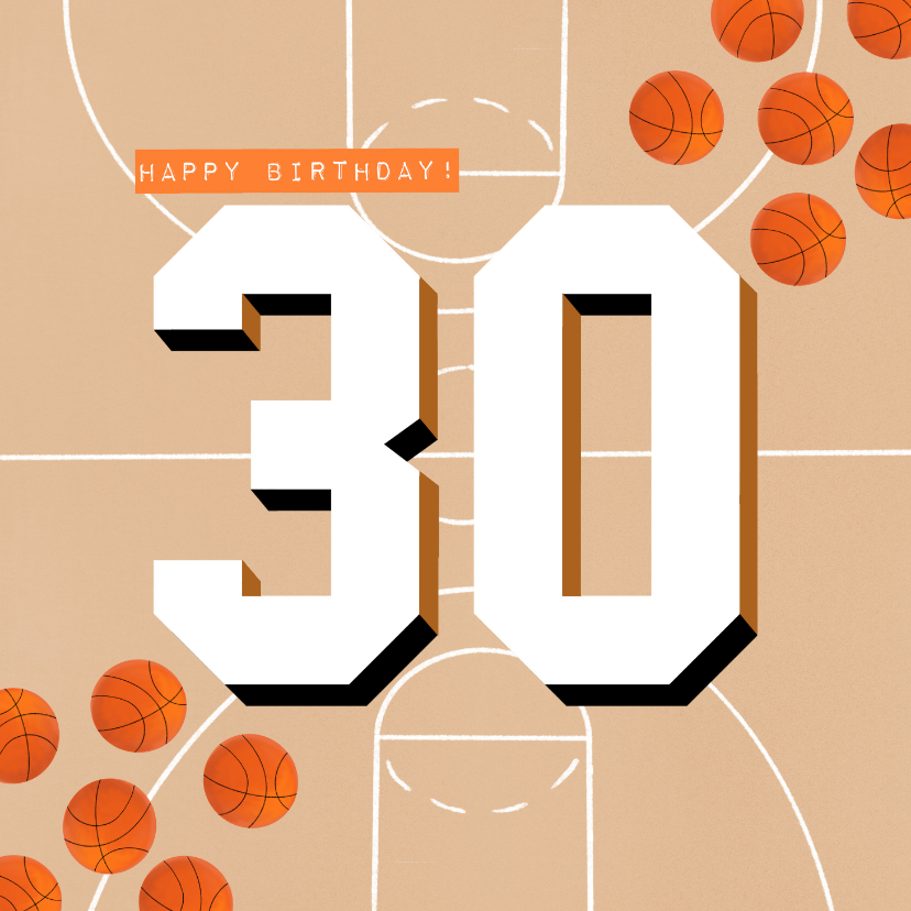 Verjaardagskaarten - Verjaardagskaart 30 jaar man oranje basketballen en veld