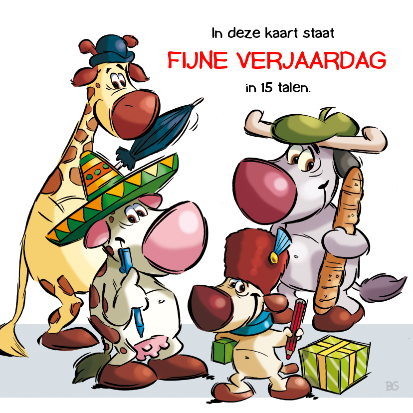 Verjaardagskaart 4 getekende dieren uit veel landen - Verjaardagskaarten Verjaardagskaarten - Verjaardagskaart 4 getekende dieren uit veel landen