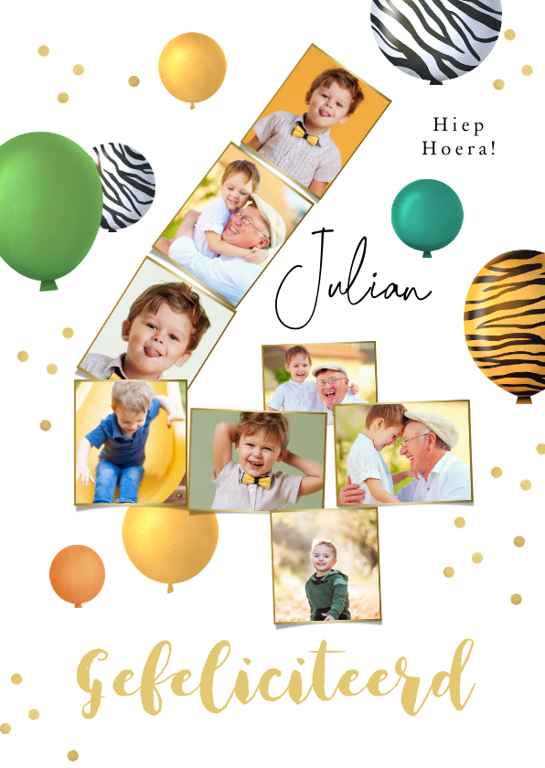 Verjaardagskaarten - Verjaardagskaart 4 jaar fotocollage jungle ballonnen