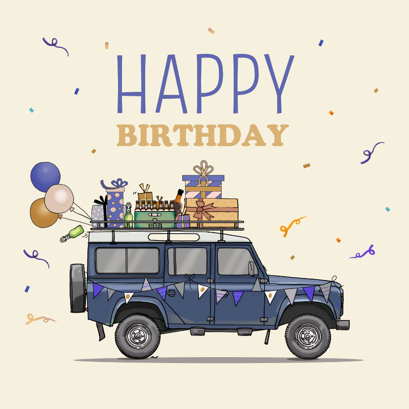 Verjaardagskaarten - Verjaardagskaart 4x4 terreinwagen met vlaggetjes