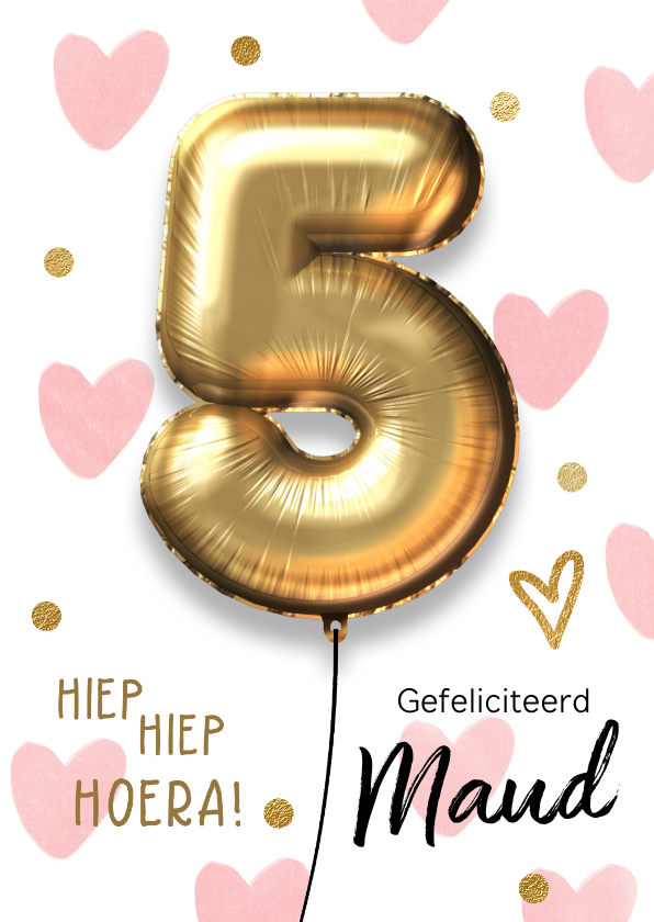 Verjaardagskaart 5 jaar ballon roze hartjes meisje - Verjaardagskaarten Verjaardagskaarten - Verjaardagskaart 5 jaar ballon roze hartjes meisje
