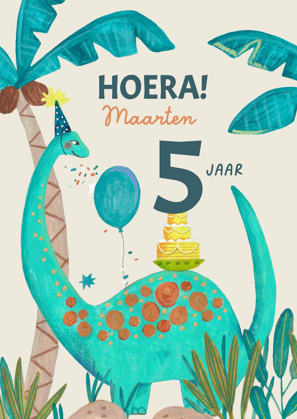 Verjaardagskaarten - Verjaardagskaart 5 jaar dinosaurus en taart en ballonnen