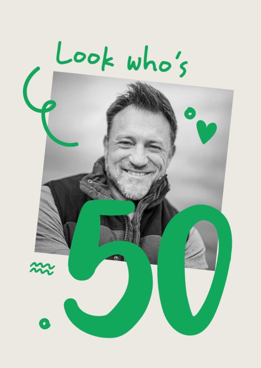 Verjaardagskaarten - Verjaardagskaart 50 jubileum met foto en vormpjes groen