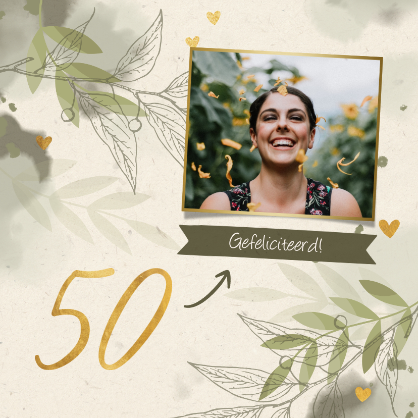 Verjaardagskaart '50' met foto, takjes en hartjes - Verjaardagskaarten Verjaardagskaarten - Verjaardagskaart '50' met foto, takjes en hartjes