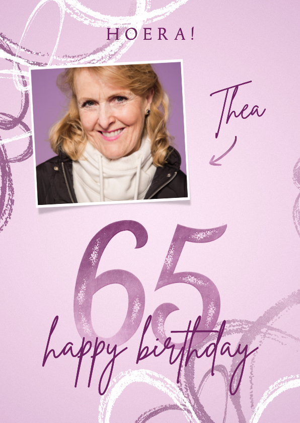Verjaardagskaarten - Verjaardagskaart 65 lila met foto en abstracte vormen