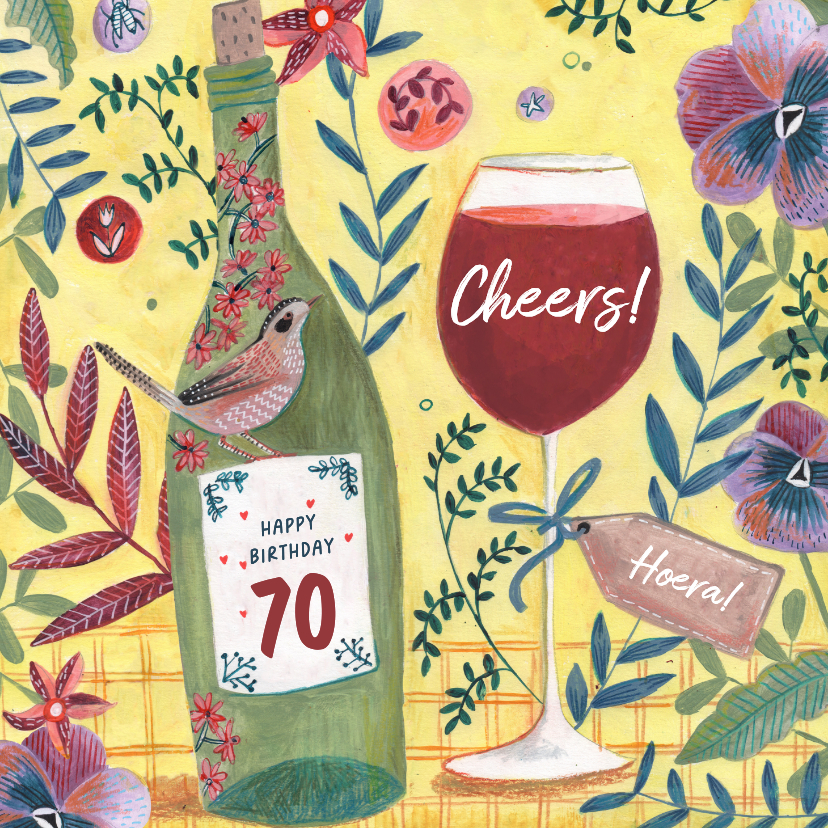Verjaardagskaarten - Verjaardagskaart 70 jaar wijn cheers illustratie