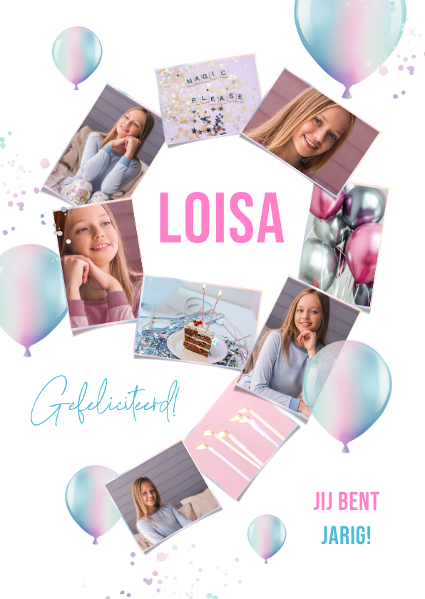 Verjaardagskaart 9 jaar fotocollage holografische ballonnen - Verjaardagskaarten Verjaardagskaarten - Verjaardagskaart 9 jaar fotocollage holografische ballonnen