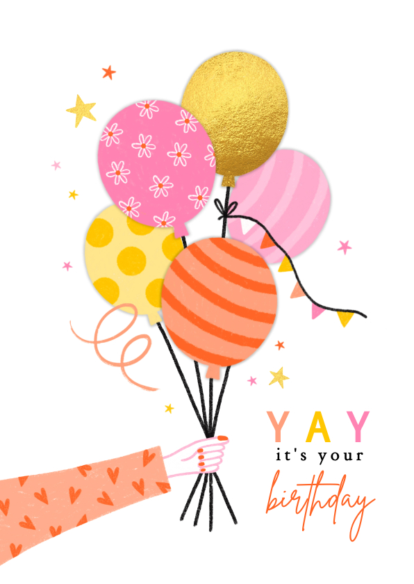 Verjaardagskaarten - Verjaardagskaart arm ballonnen oranje roze goud