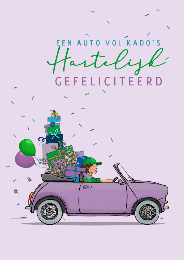 Verjaardagskaarten - Verjaardagskaart auto lila met kado