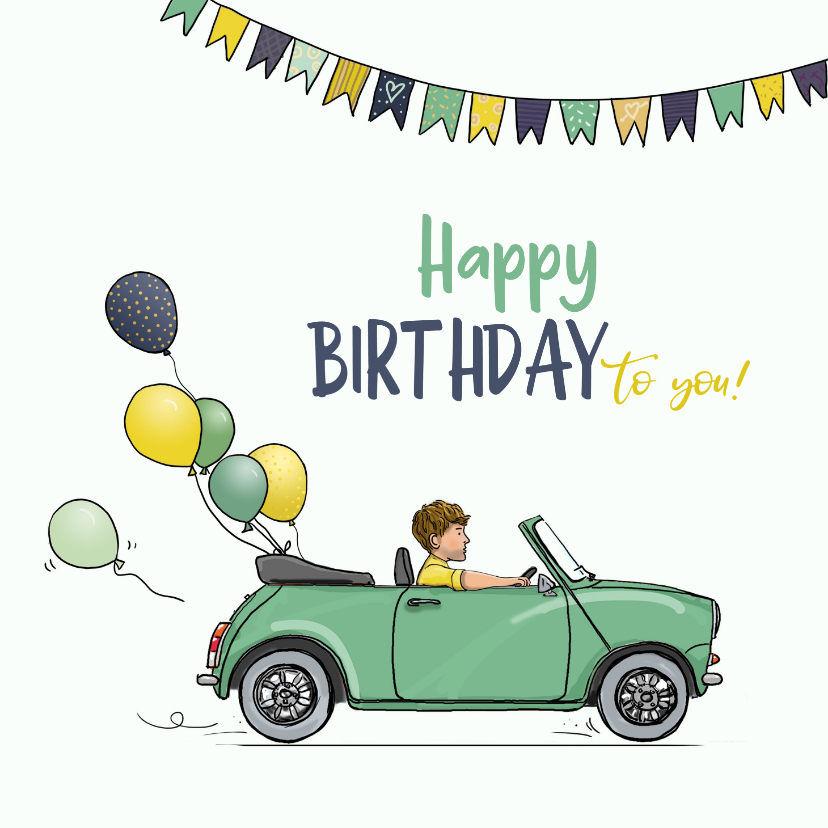 Verjaardagskaart auto mini groen met ballonnen - Verjaardagskaarten Verjaardagskaarten - Verjaardagskaart auto mini groen met ballonnen