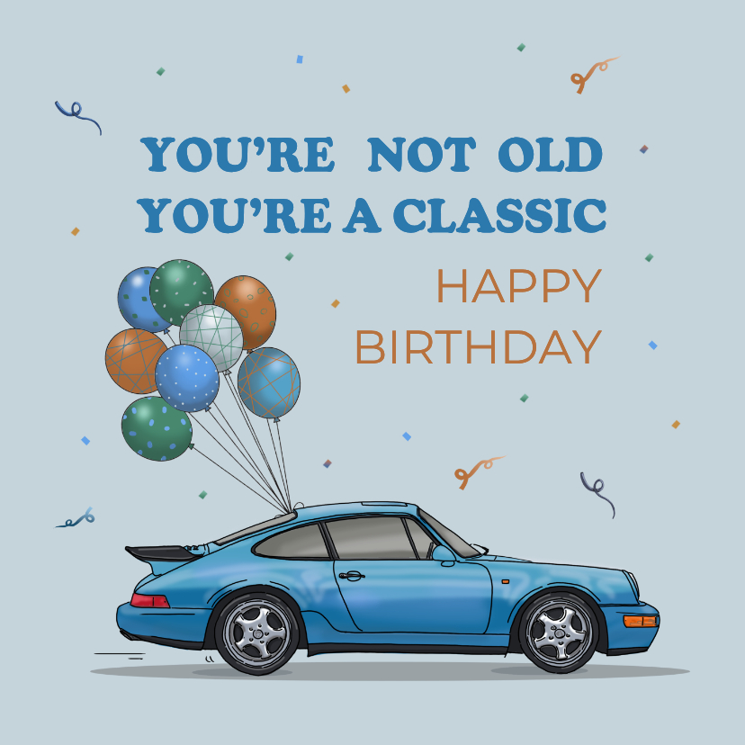 Verjaardagskaart auto Porsch blauw met ballonnen - Verjaardagskaarten Verjaardagskaarten - Verjaardagskaart auto Porsch blauw met ballonnen