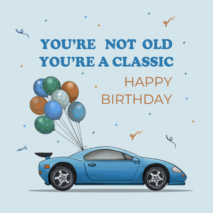 Verjaardagskaarten - Verjaardagskaart auto sportauto blauw met ballonnen