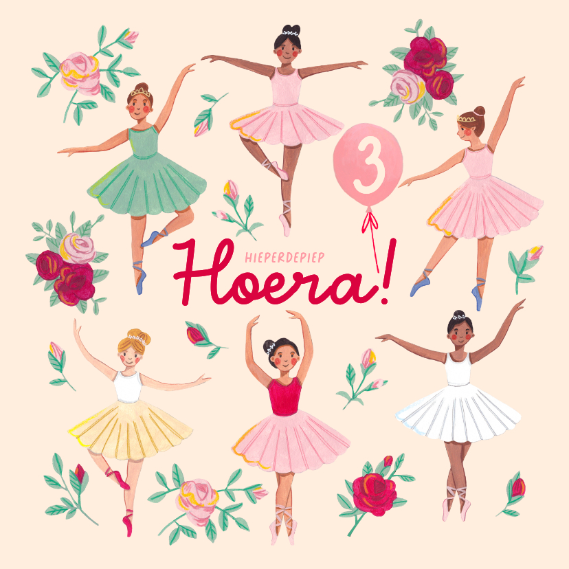 Verjaardagskaarten - Verjaardagskaart ballerina meisje 3 jaar bloemen feest