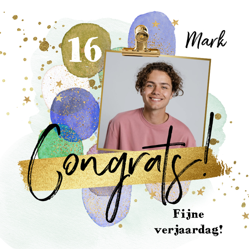 Verjaardagskaart ballonnen watercolour goudlook ster foto - Verjaardagskaarten Verjaardagskaarten - Verjaardagskaart ballonnen watercolour goudlook ster foto