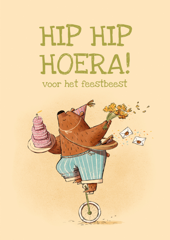 Verjaardagskaarten - Verjaardagskaart beer met taart op fietsje