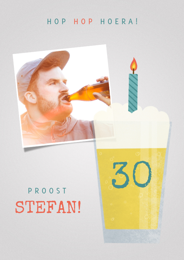 Verjaardagskaarten - Verjaardagskaart bierglas, kaarsje en aanpasbare leeftijd