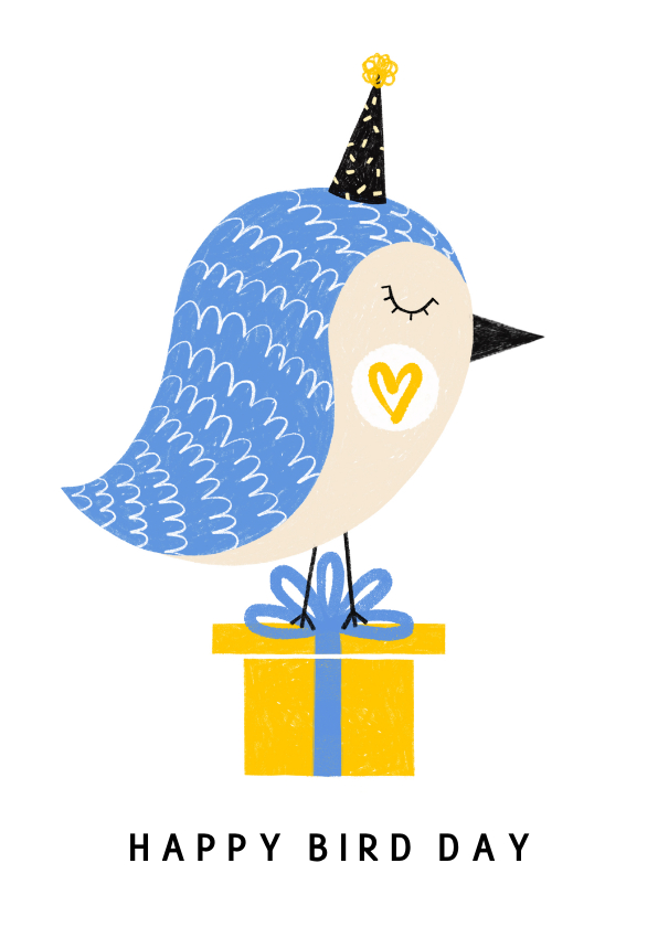 Verjaardagskaart blauwe vogel met kado - Verjaardagskaarten Verjaardagskaarten - Verjaardagskaart blauwe vogel met kado