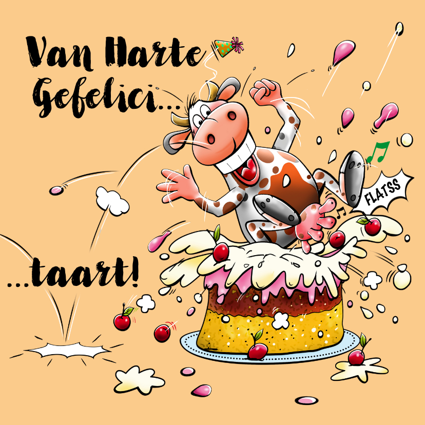 Verjaardagskaarten - Verjaardagskaart blije koe die in een grote taart springt