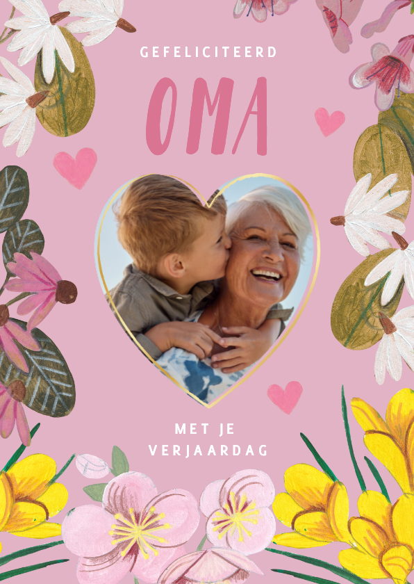 Verjaardagskaart bloemen en hartjes met foto hart - Verjaardagskaarten Verjaardagskaarten - Verjaardagskaart bloemen en hartjes met foto hart