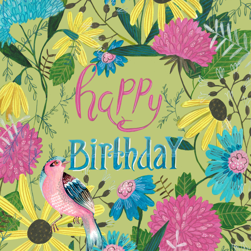 Verjaardagskaarten - Verjaardagskaart bloemen en prachtige vogel