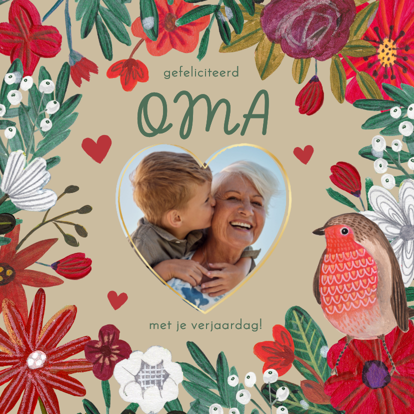 Verjaardagskaarten - Verjaardagskaart bloemen en vogel en hartjes met foto hart