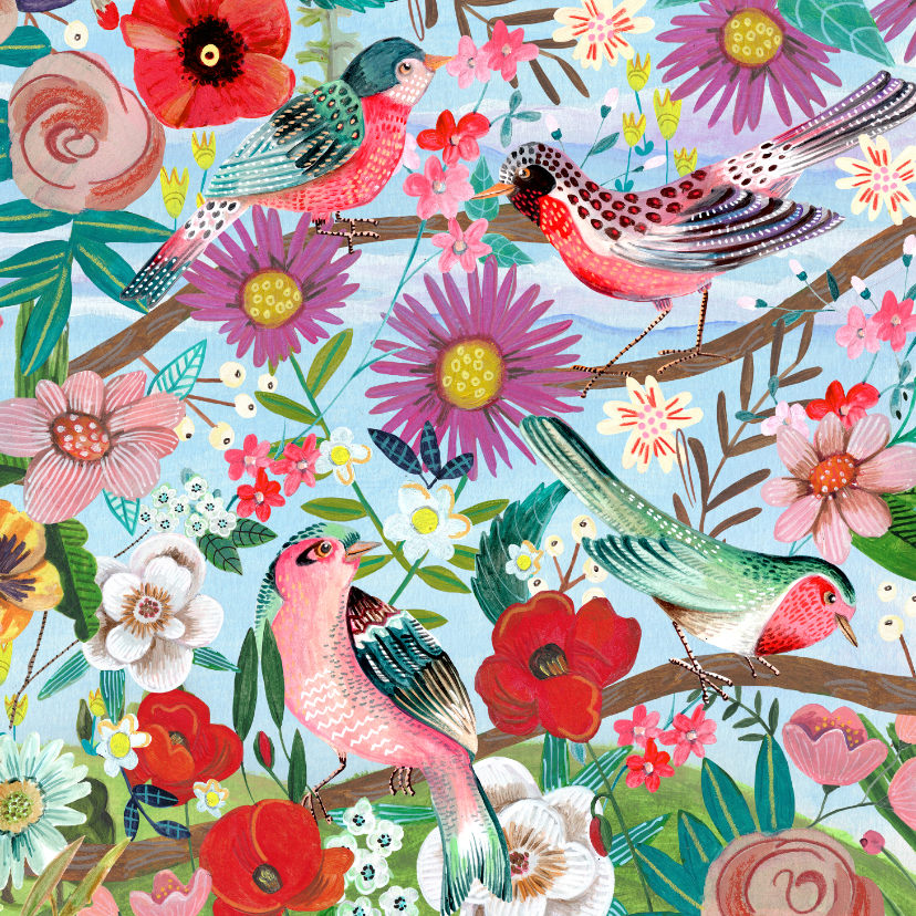 Verjaardagskaarten - Verjaardagskaart bloemen en vogels kleurrijk