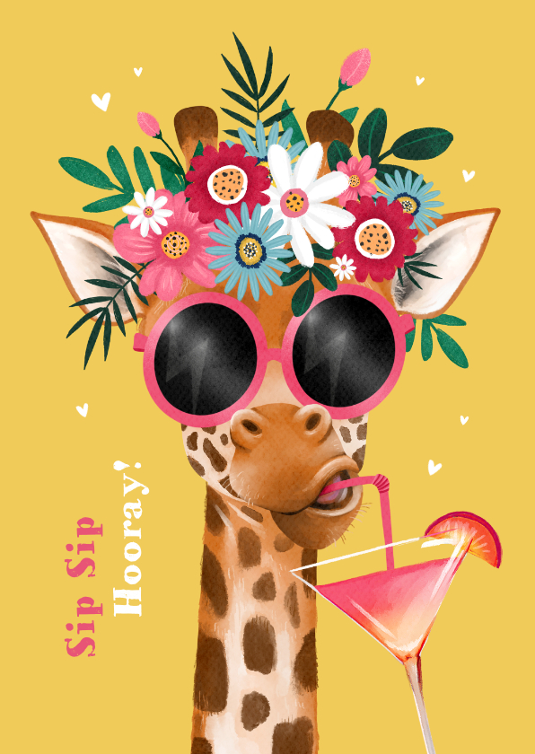 Verjaardagskaarten - Verjaardagskaart bloemen giraf cocktail sip sip hooray!