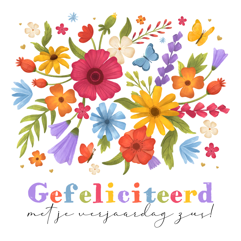 Verjaardagskaarten - Verjaardagskaart bloemen kleurrijk hartjes gefeliciteerd