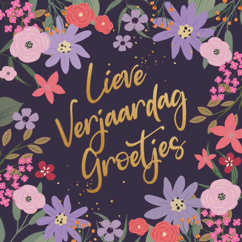 Verjaardagskaarten - Verjaardagskaart bloemen met lila en paarse tinten