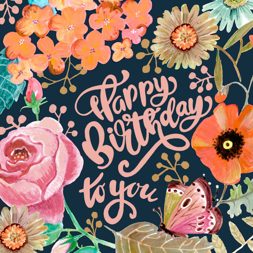 Verjaardagskaarten - Verjaardagskaart bloemen vlinder happy birthday illustratie