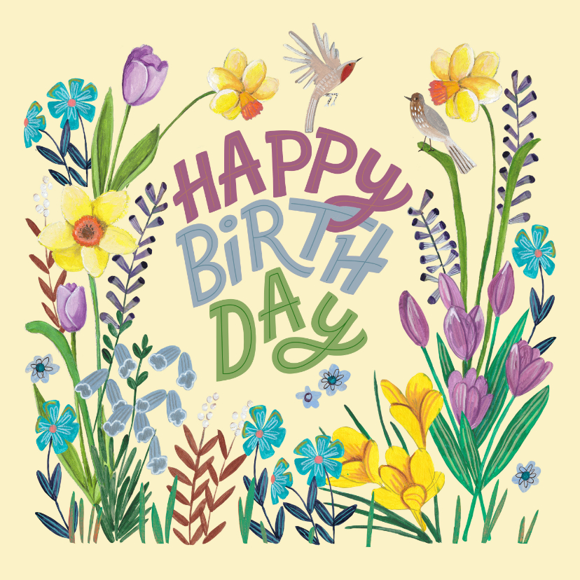Verjaardagskaarten - Verjaardagskaart bloemen vogels happy birthday