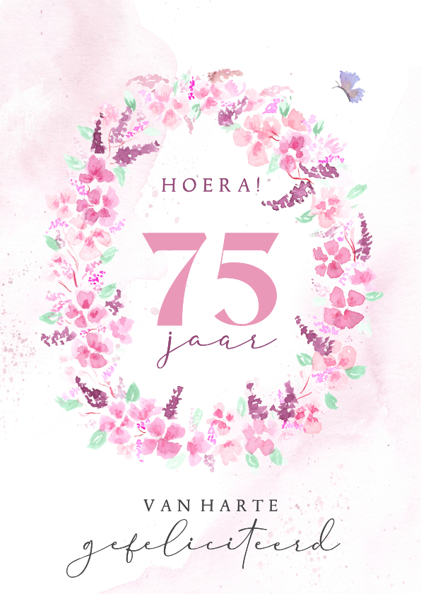 Verjaardagskaarten - Verjaardagskaart bloemenkrans ovaal met vlinder