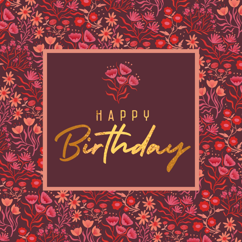 Verjaardagskaarten - Verjaardagskaart bloemenpatroon met goud en paars