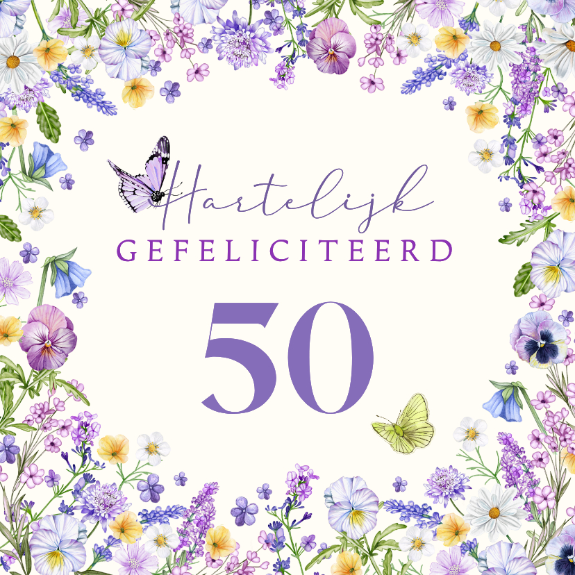 Verjaardagskaarten - Verjaardagskaart bloemenrand vlinders