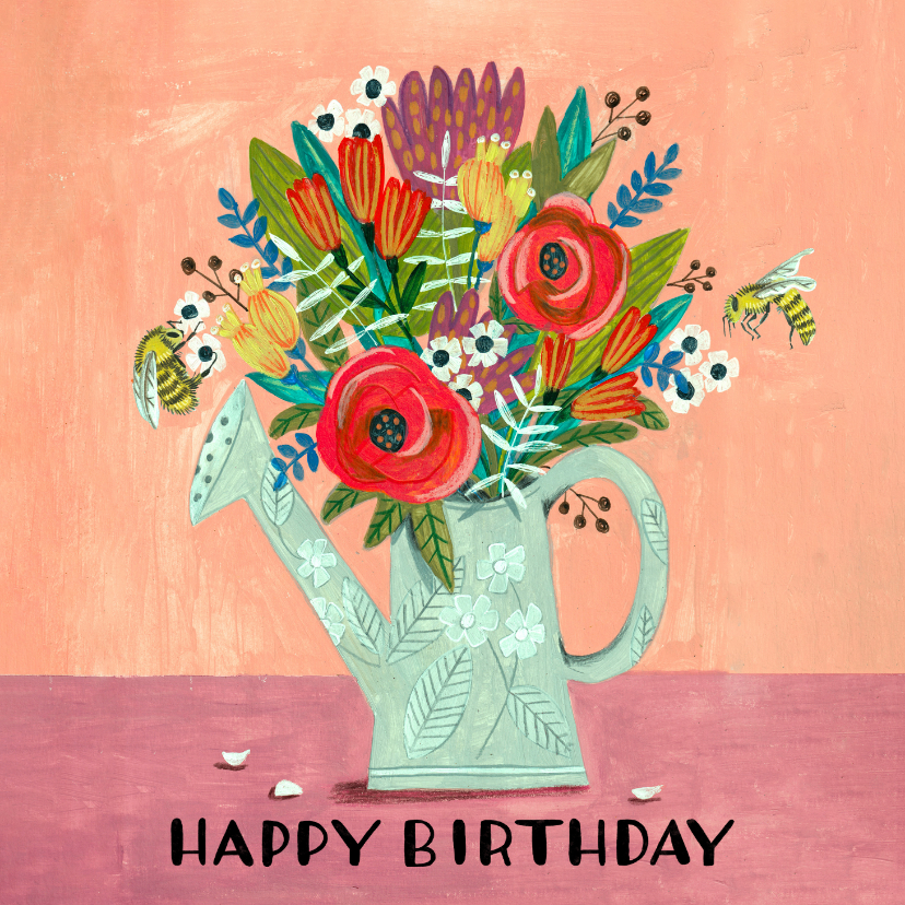 Verjaardagskaarten - Verjaardagskaart boeket bloemen in een gieter