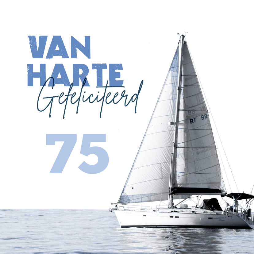 Verjaardagskaarten - Verjaardagskaart boot man blauw 75 jaar