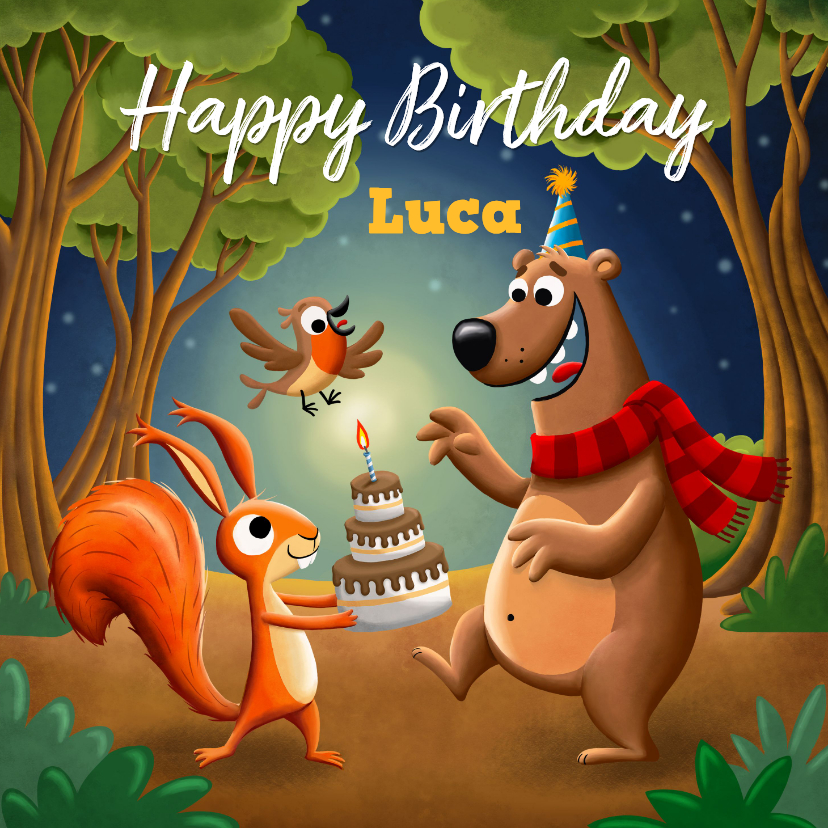 Verjaardagskaarten - Verjaardagskaart bosdieren vieren feest met lekkere taart!