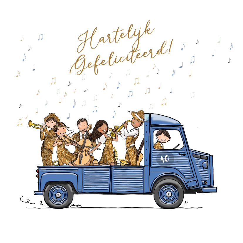 Verjaardagskaarten - Verjaardagskaart bus met orkest