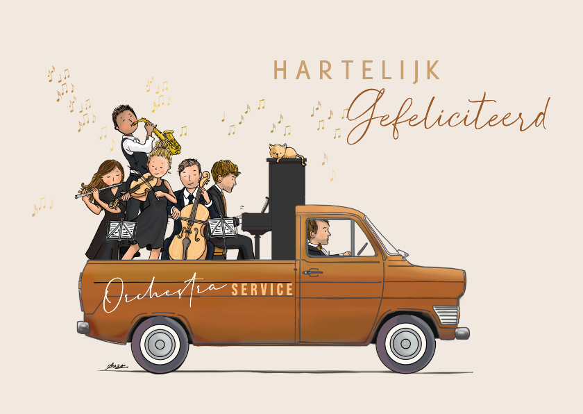 Verjaardagskaart busje met orkest - Verjaardagskaarten Verjaardagskaarten - Verjaardagskaart busje met orkest